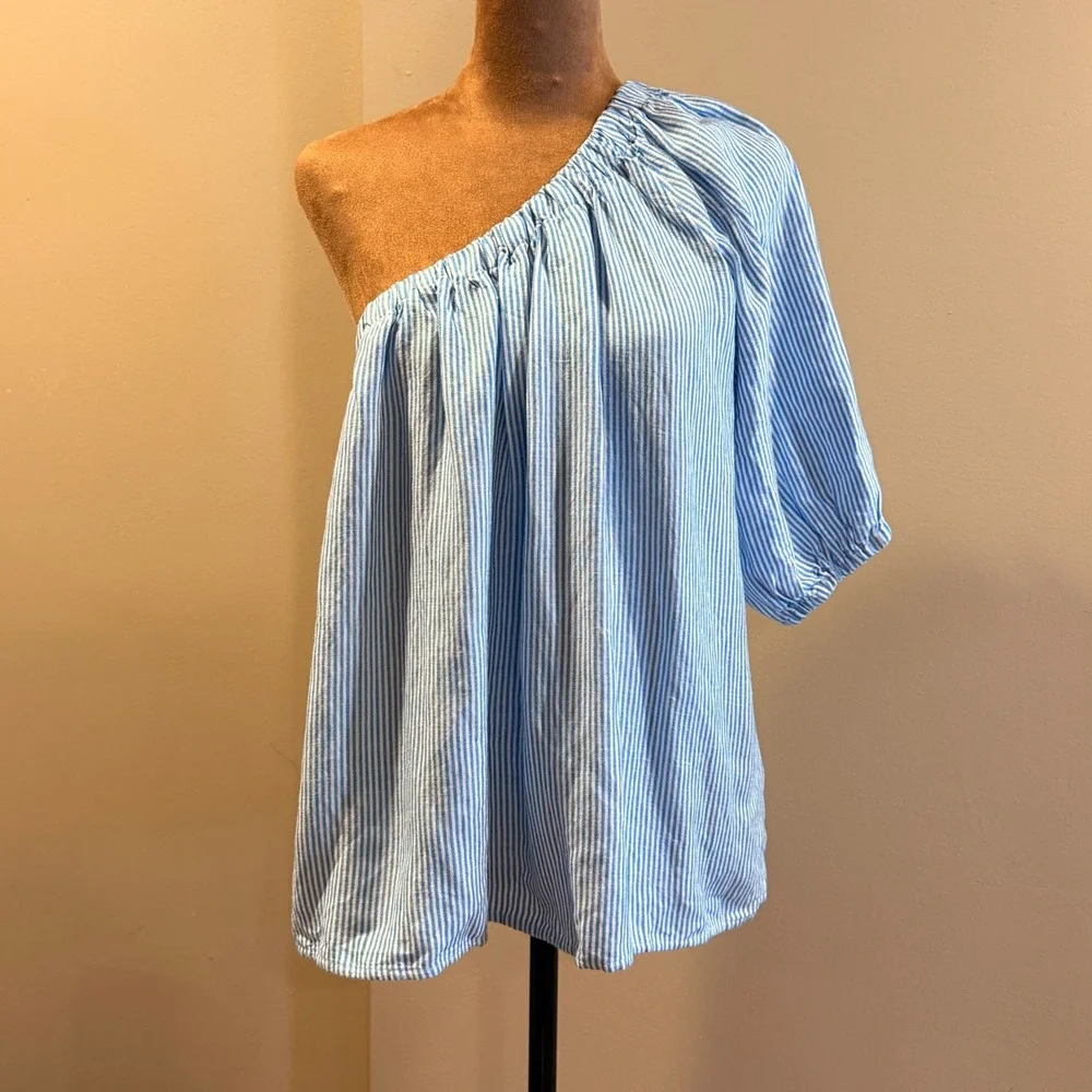 LOFT NWT One Shoulder Top Womens MP Blue‎ Striped Linen Blend Resortwear Preppy